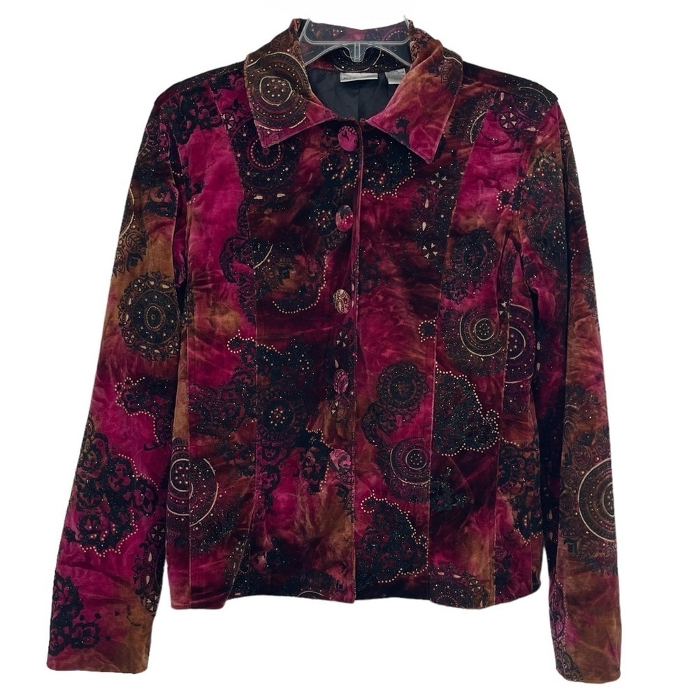 Chicos Velvet Burnout Tie Dye Velvet Medallion Print Jacket Metallic Size 0 (S)